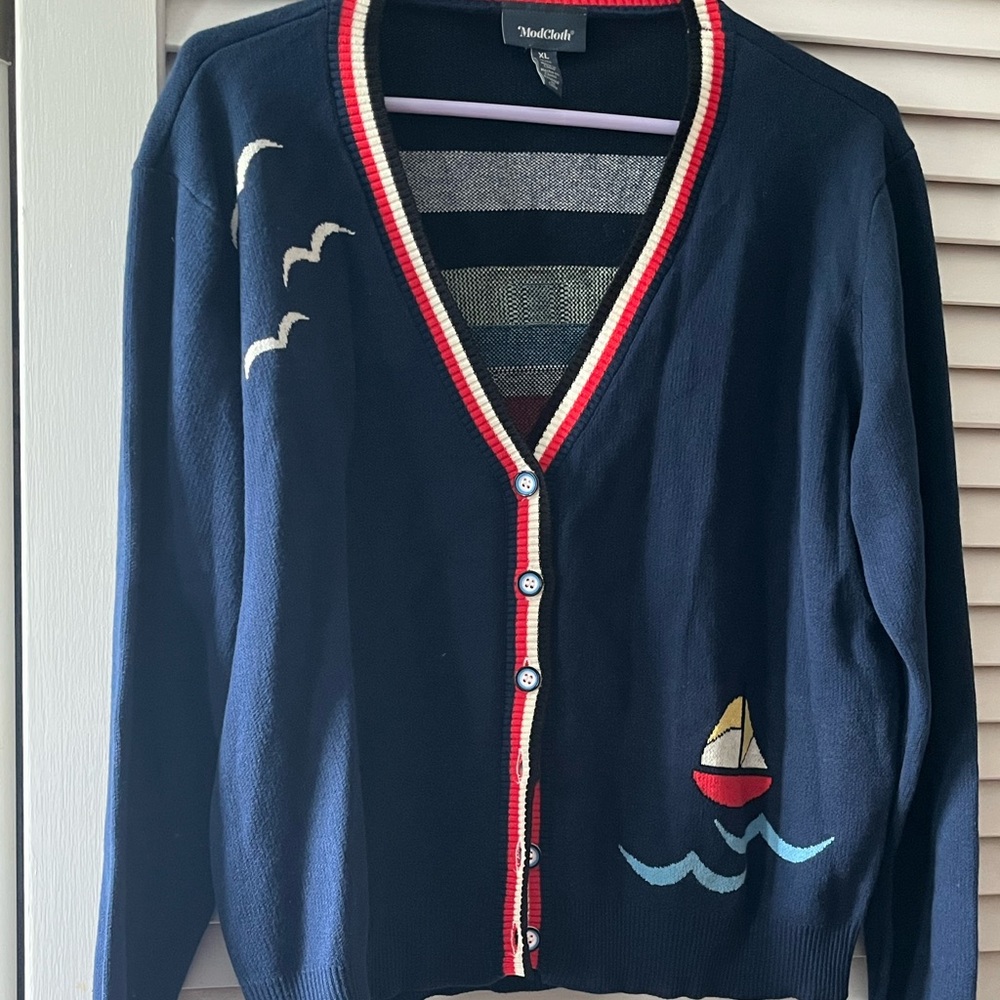 Modcloth Nautical Navy Cardigan with Red Trim